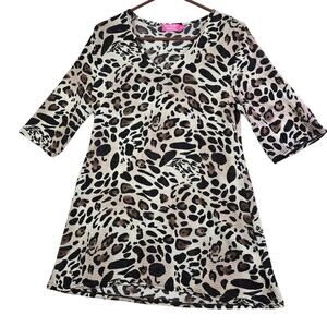 Southern Breeze Leopard Print Mesh‎ Tunic Top Women's Medium Brown 1/2 Sleeve